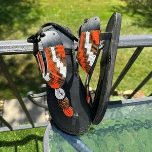 Beaded Black Sandals with Orange and White Accents